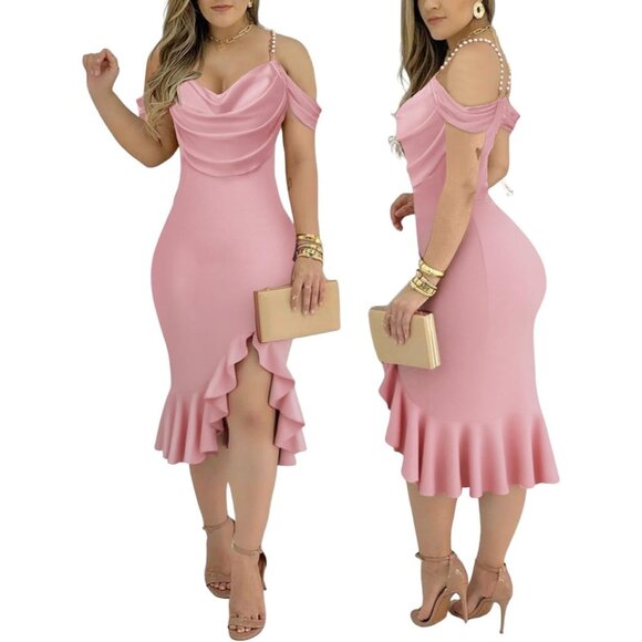 Women's Sexy Bodycon T-Pink Dress Off Shoulder Pearl Strap Midi Ruffle Cocktail - Picture 3 of 3